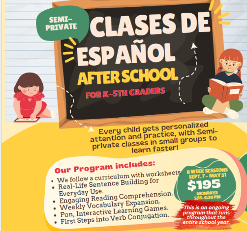 Announcement for after-school Spanish classes for K-5th graders, focusing on personalized learning and engaging activities.