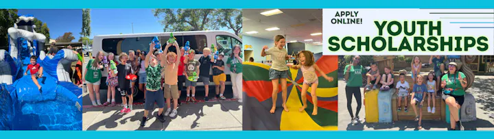 Kids having fun at a slide, group activities, and posing outdoors. "Apply Online! Youth Scholarships" text.