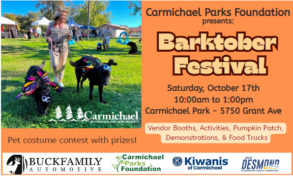 Barktober Festival on Oct 17 at Carmichael Park: pet costume contest, vendor booths, activities, food trucks, and more!