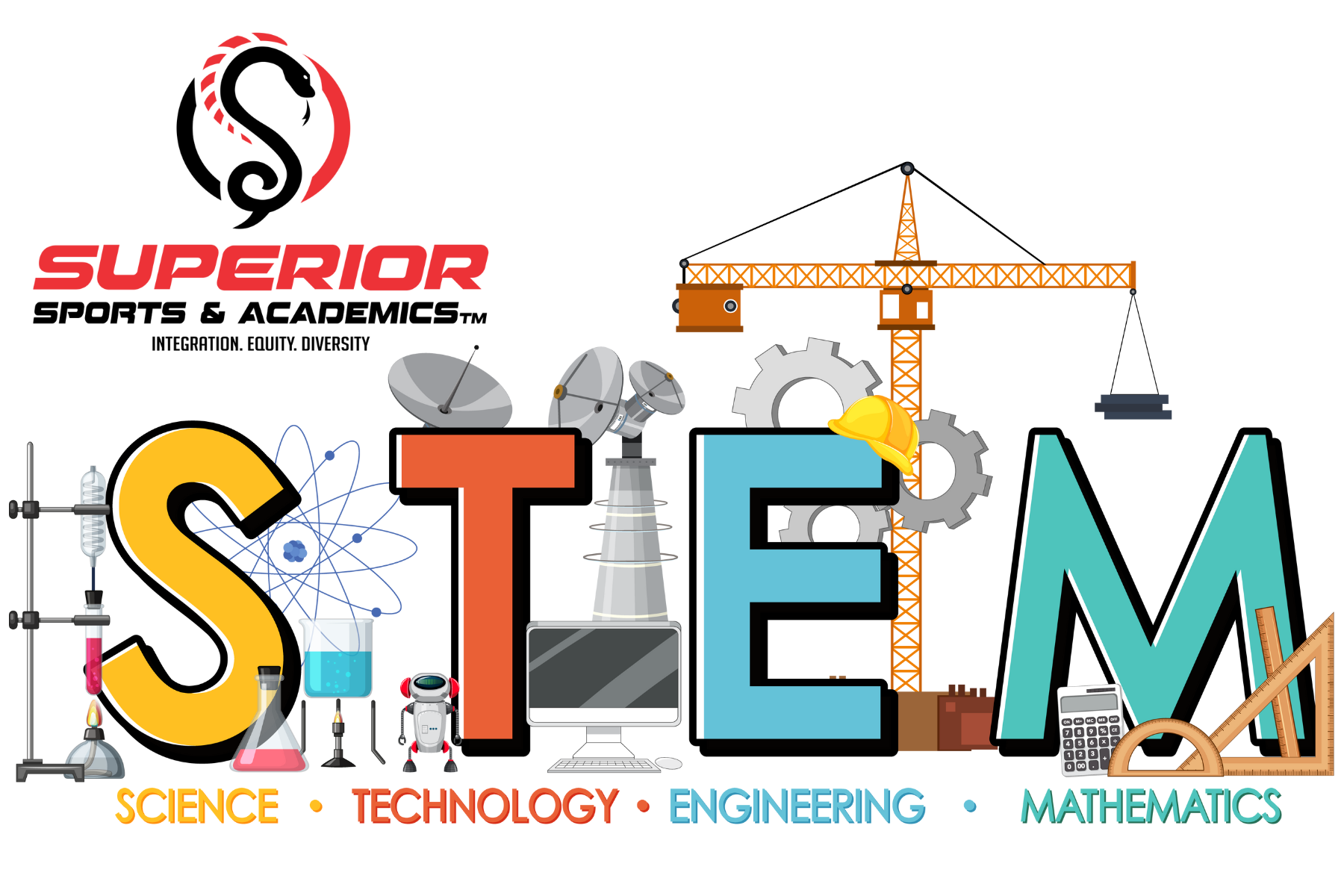 STEM-themed graphic with symbols for science, technology, engineering, mathematics, and a logo for "Superior Sports & Academics™".