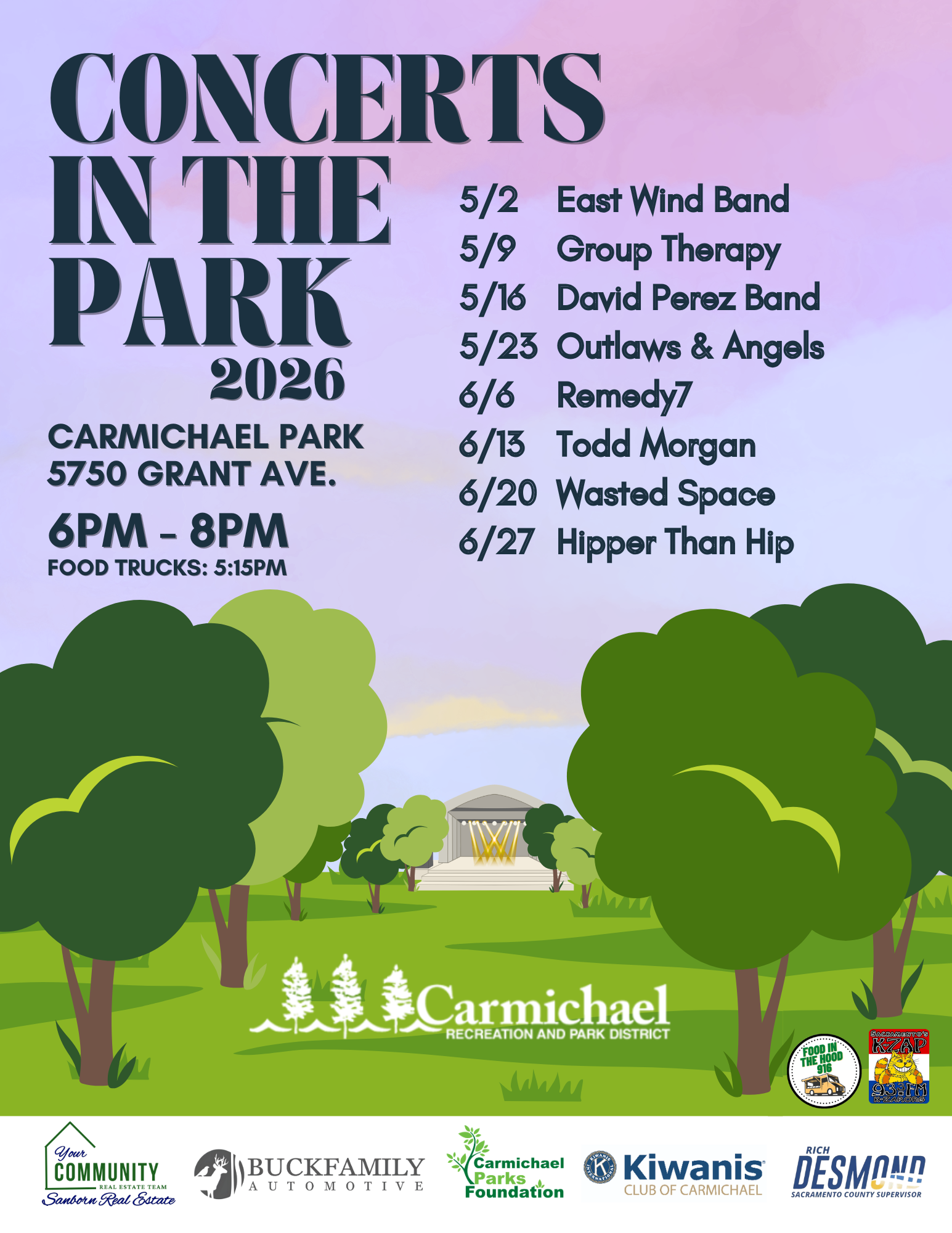 Concerts in the Park 2026 at Carmichael Park, every Tuesday 6-8 PM, featuring various bands. Food trucks start at 5:15 PM.