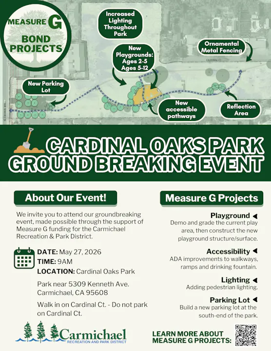 The image details a groundbreaking event for Cardinal Oaks Park on May 27, 2026, highlighting Measure G projects, including new playgrounds and lighting.