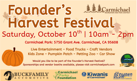 Carmichael's Founder's Harvest Festival on Oct 10, 10am-2pm: food trucks, entertainment, kids zone, pumpkin patch, petting zoo.