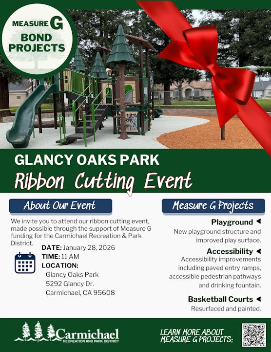 Ribbon cutting for Glancy Oaks Park on Jan 28, 2026, at 11 AM. New playground, accessibility upgrades, and basketball courts.