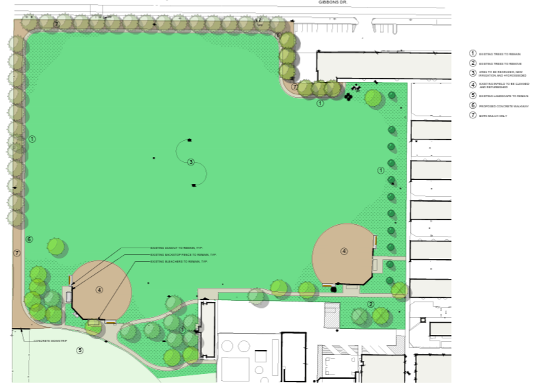 A landscape plan showing trees, paths, buildings, proposed and existing areas, and basketball courts on a site map.