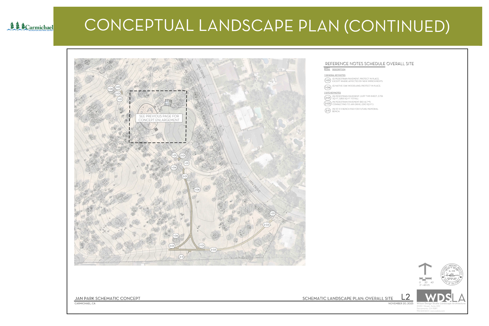 A conceptual landscape plan for Jan Park in Carmichael, CA, detailing layout and key reference notes for the site.