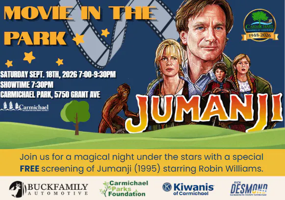 Flyer for a free outdoor screening of "Jumanji" (1995) on Sept 18, 2026, at Carmichael Park, 7:30 PM.