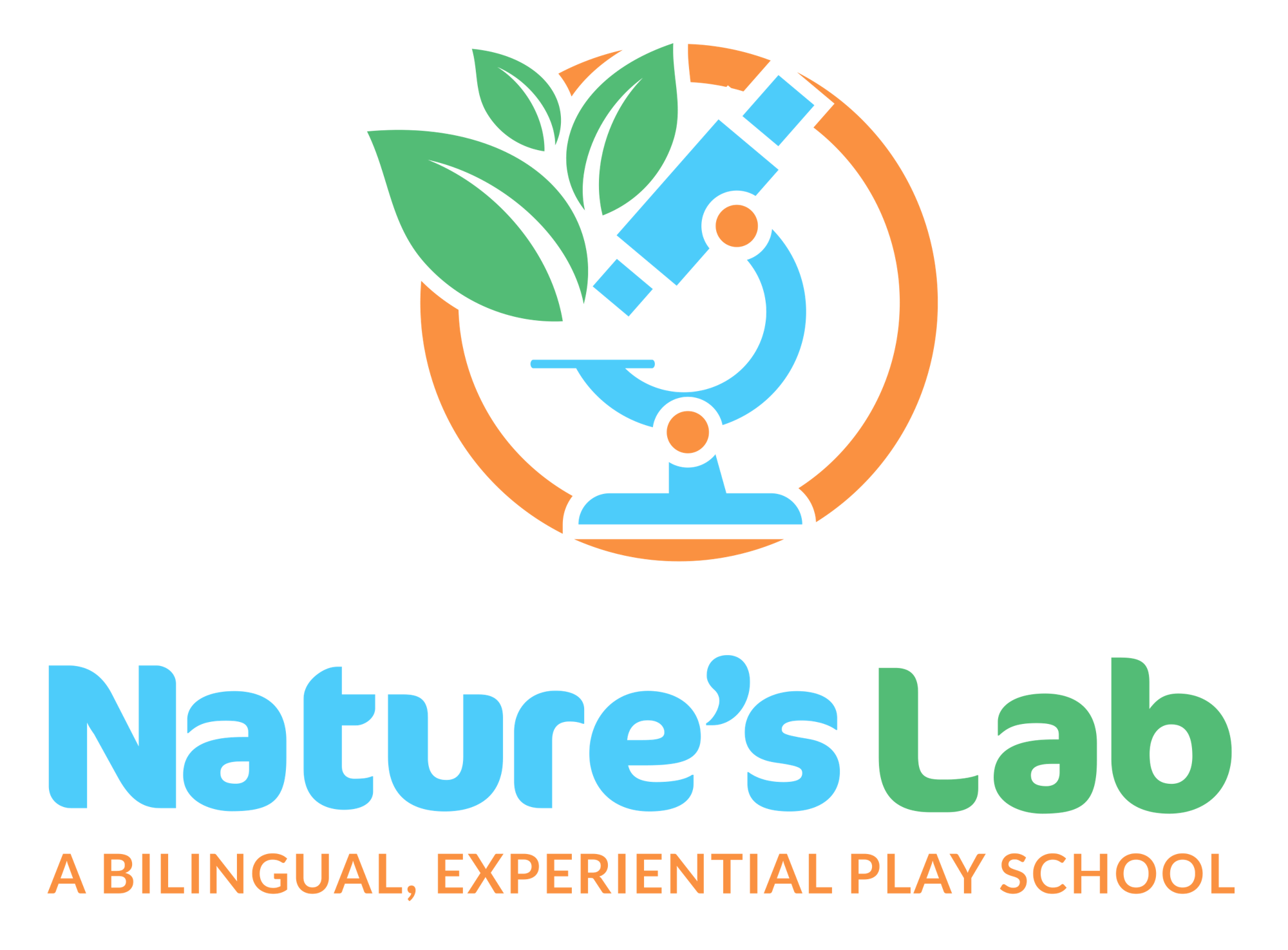 The image features a logo for "Nature's Lab," a bilingual, experiential play school, with a microscope and leaves.