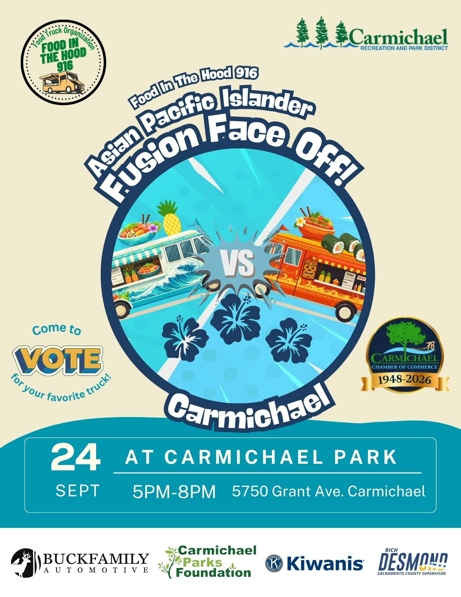Event promoting an Asian Pacific Islander food truck competition in Carmichael, CA, on September 24, 5-8 PM. Vote for your favorite!