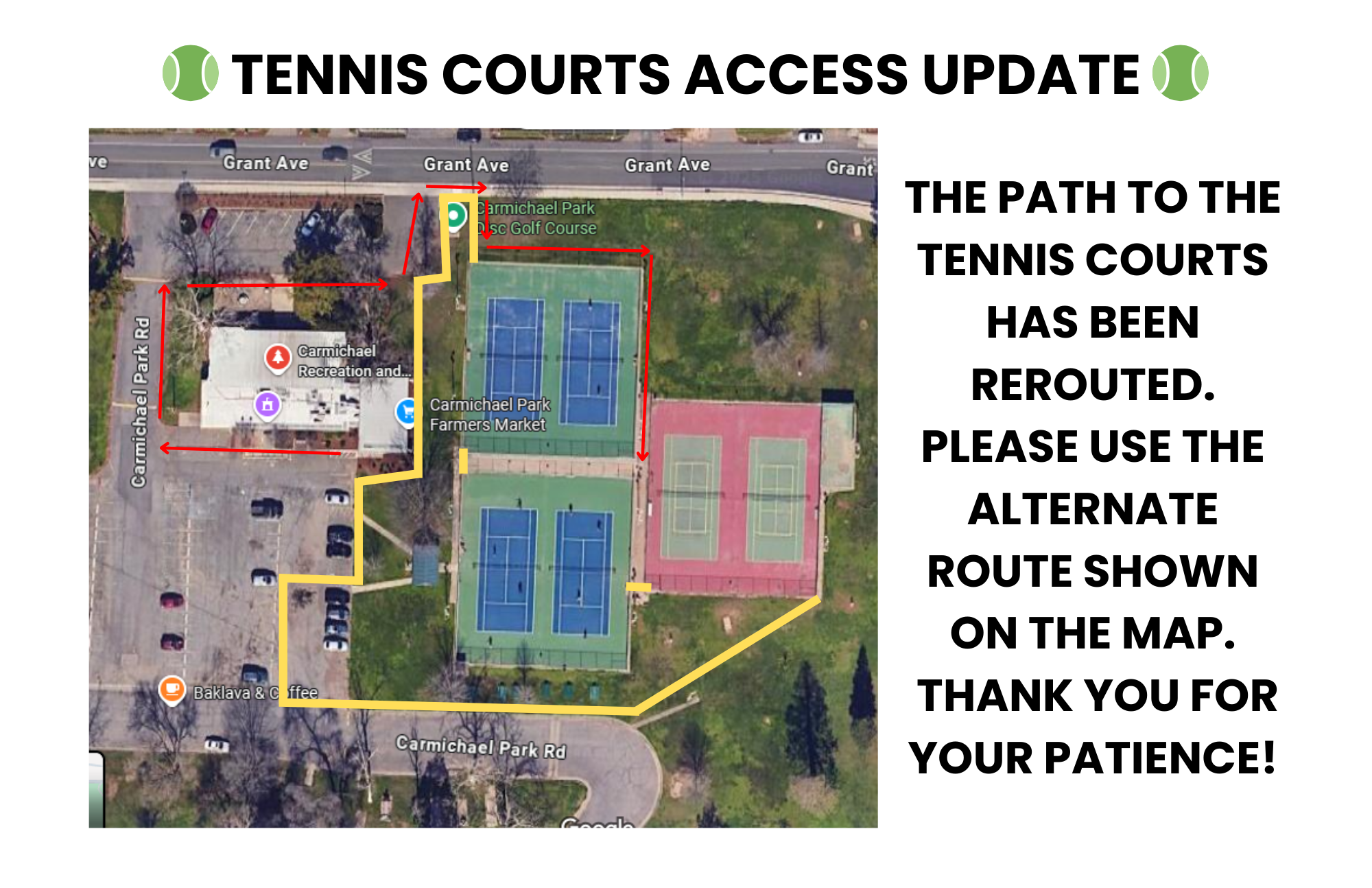 Tennis court access update: path rerouted. Follow the map's alternate route. Thank you for your patience!