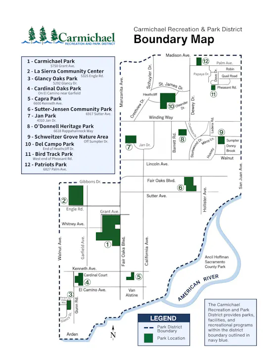 Map of Carmichael Recreation & Park District showing parks and community centers, each numbered and labeled with locations.