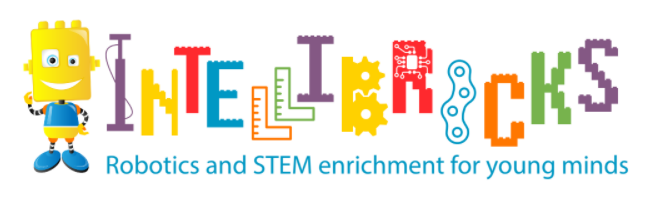 Logo with colorful letters spelling "Intellibricks" and a character. Text: "Robotics and STEM enrichment for young minds."
