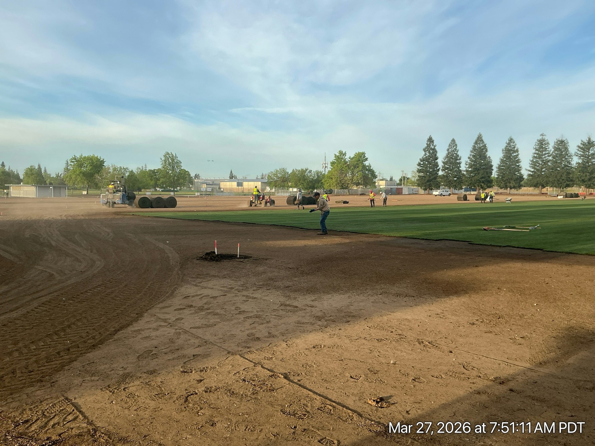 Construction workers are laying new grass on a field, with machinery and rolled sod visible in a dusty environment.