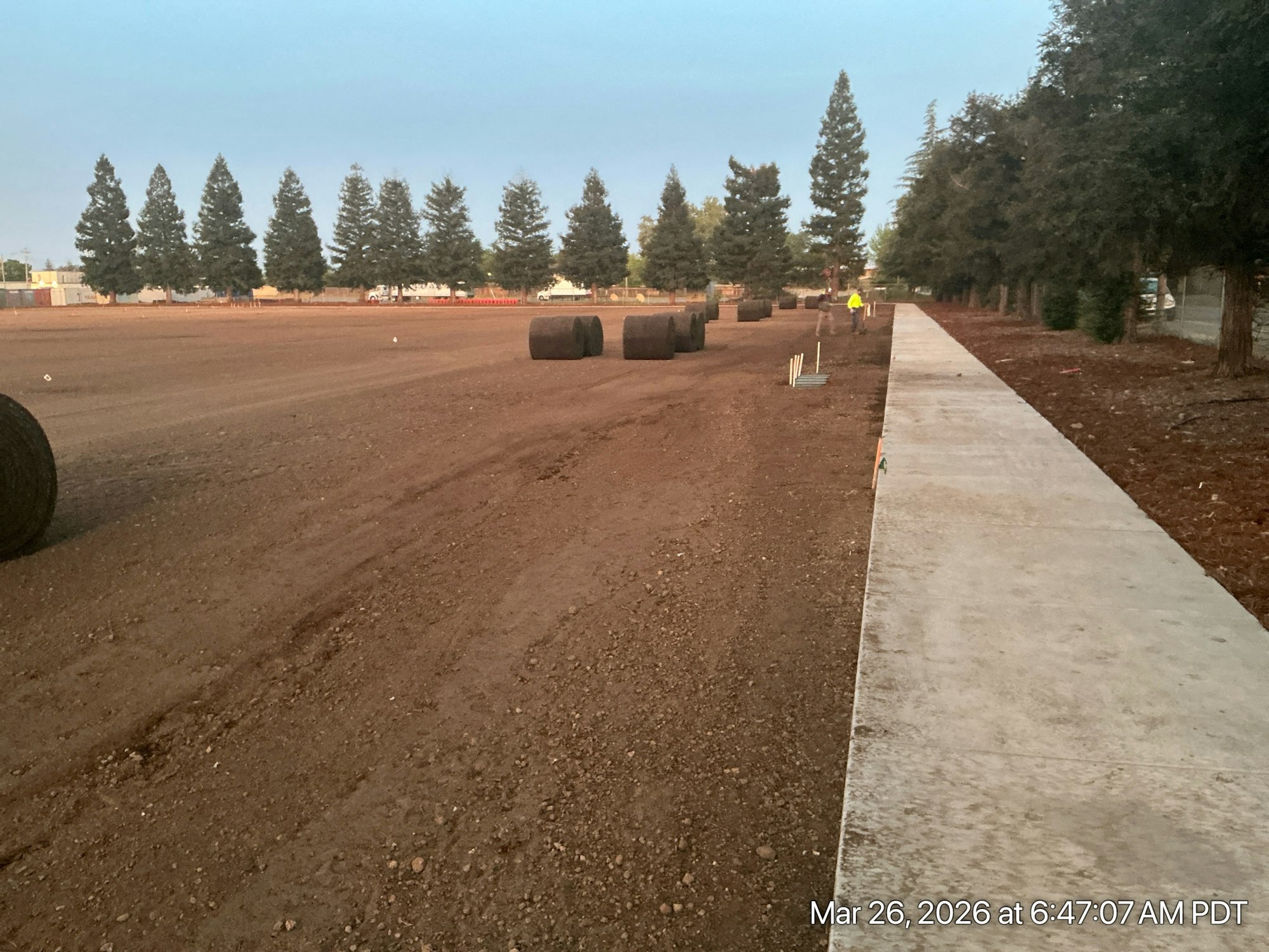 The image shows a dirt field with rolled bales, a concrete path, and trees lining the area, likely during early morning.