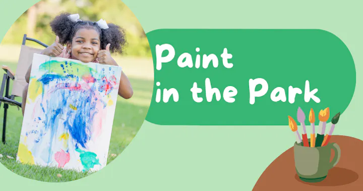 A young girl smiles and shows a colorful painting at an event called "Paint in the Park," surrounded by nature.