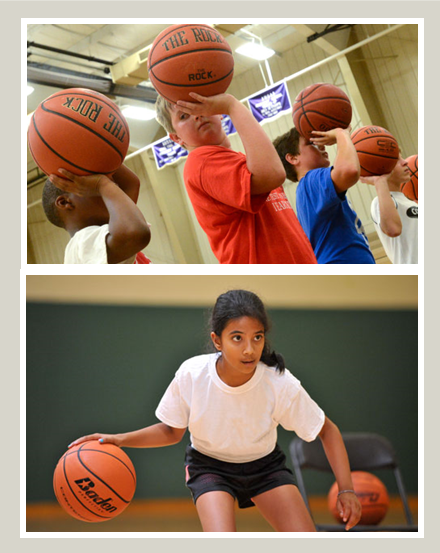 Elementary Basketball Leagues: Boys with balls on their shooting hand, girl bouncing two balls