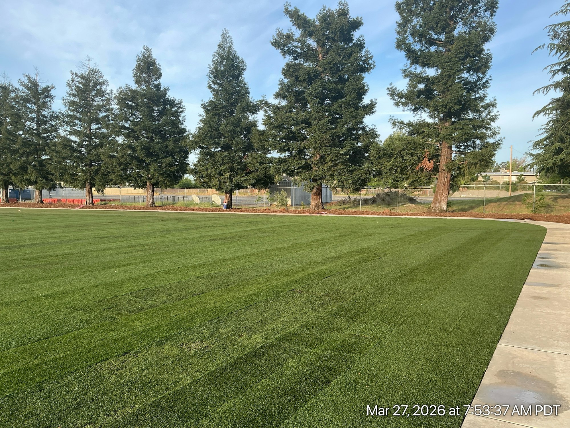The image shows a well-maintained grassy area with trees in the background and a clear sky.