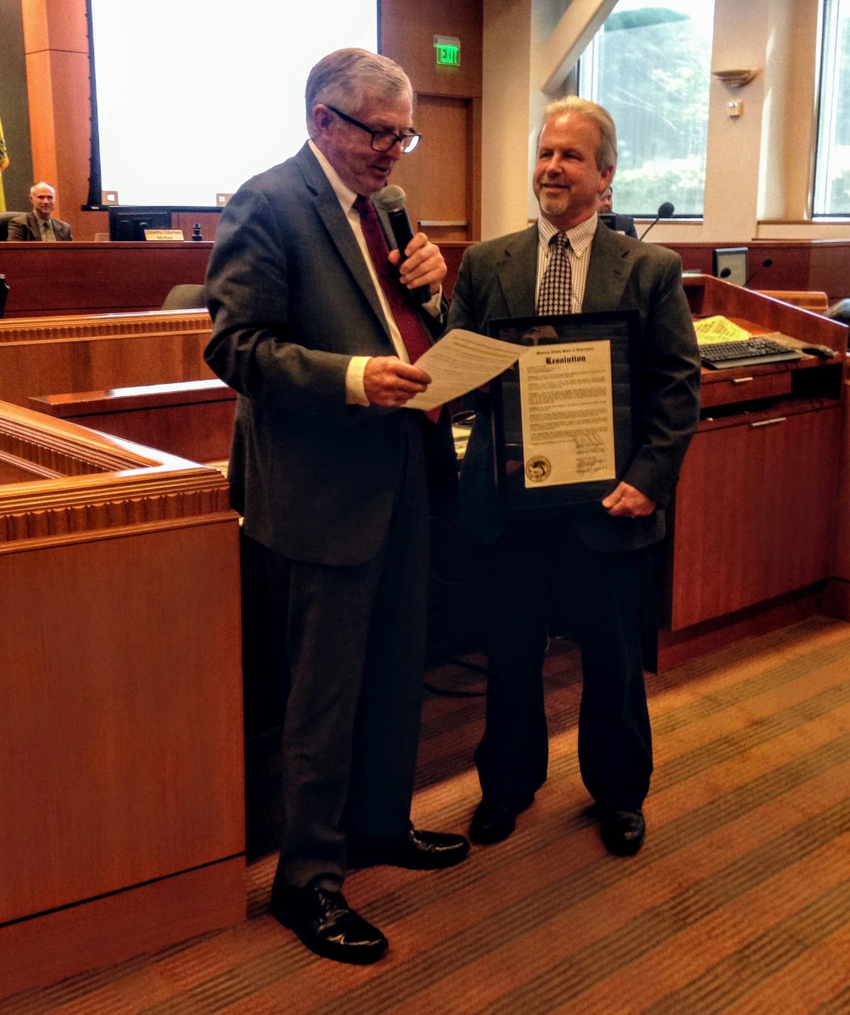 July 9, 2019; General Manager Robert Johnson received a Resolution celebrating Aromas Water's 60th Anniversary from Supervisor Phillips of the Monterey County Board of Supervisors.