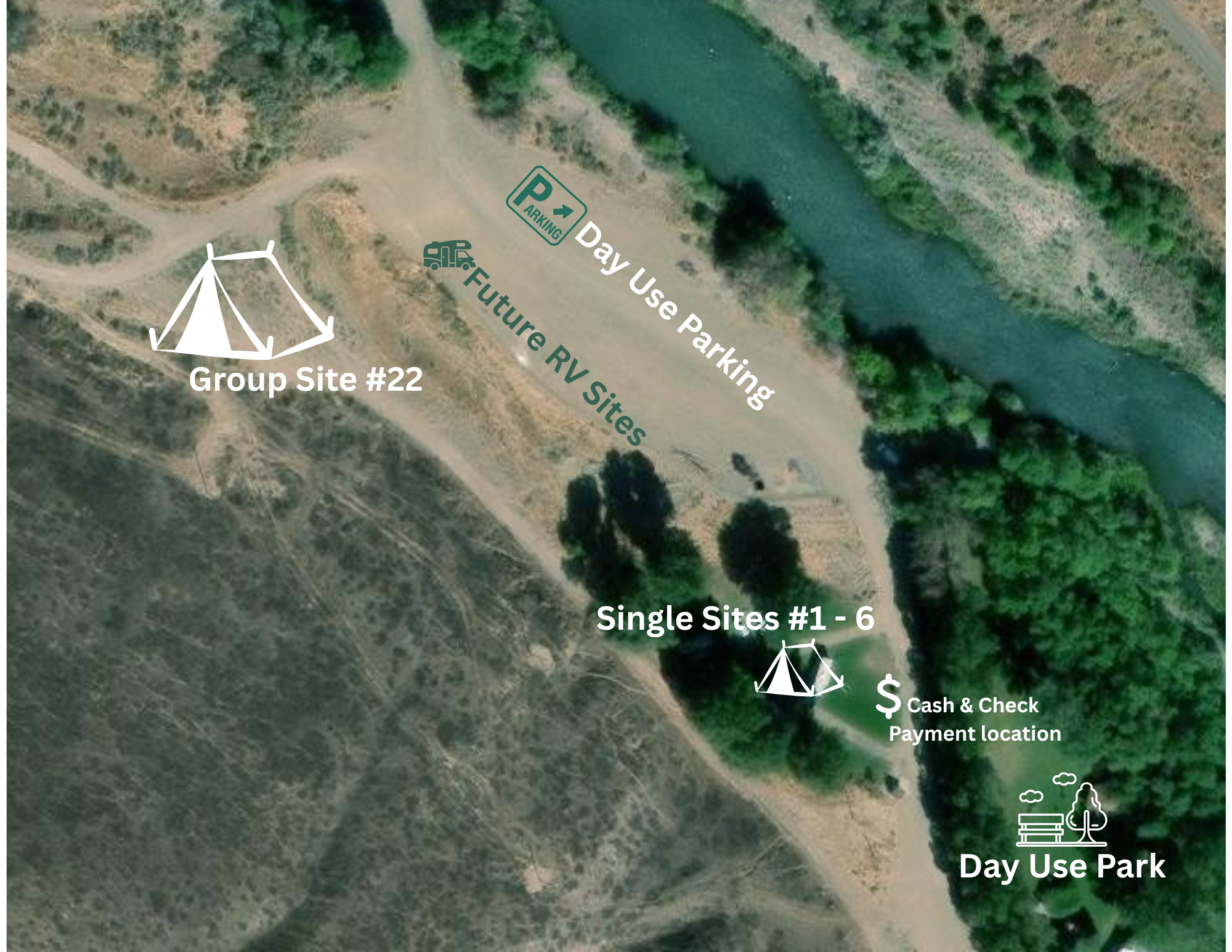The image shows a map of a camping area with designated sites, parking, and a payment location near a river.