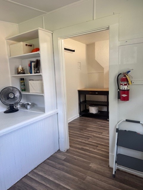 Small room with shelves, a fan, fire extinguisher, and step stool. Hinged door opens to another room with a table and mop bucket.