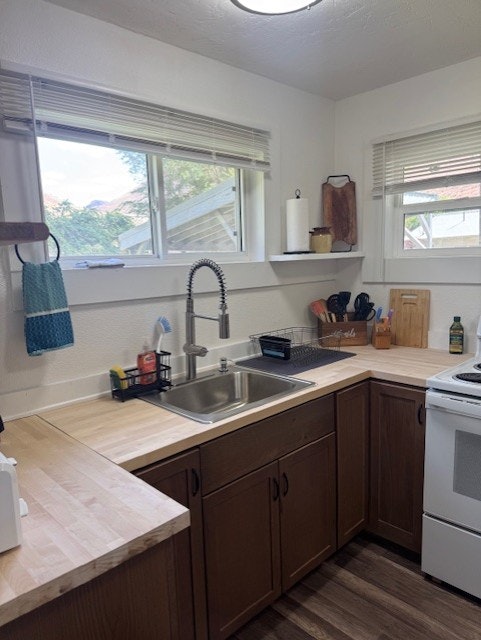 A kitchen with wooden cabinets, a double sink, utensils, cutting boards, a paper towel holder, and a stove, under natural light from windows.
