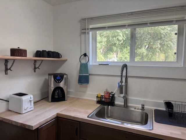 A kitchen with a toaster, coffee maker, cups on a shelf, dish rack, sink, and window with a view of trees.