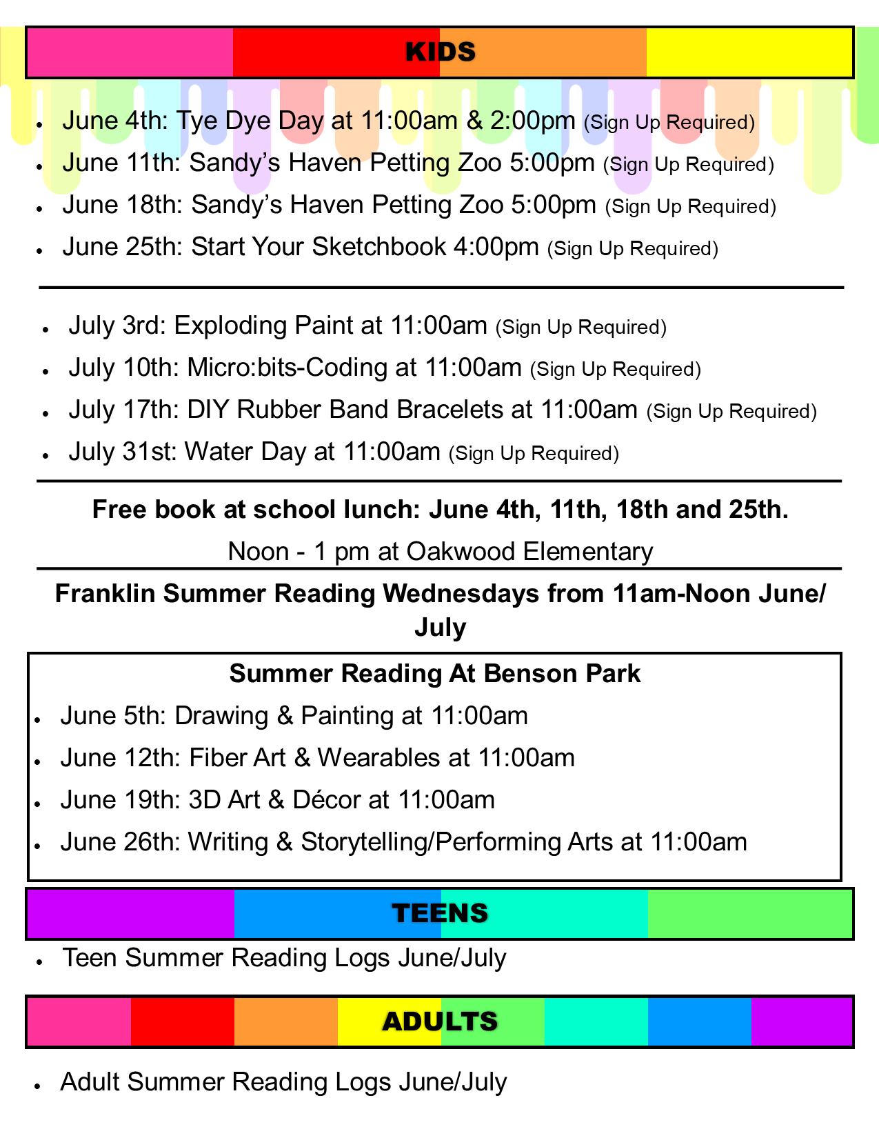 Kids' activities in June/July, free books, summer reading programs for kids, teens, and adults. Sign-up required for some events.
