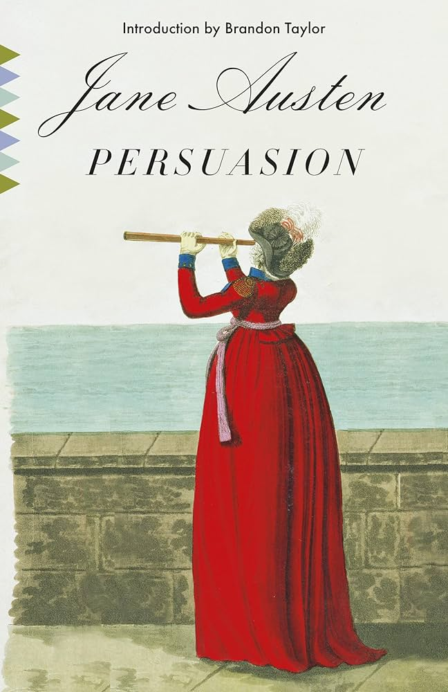 The image features a cover of "Persuasion" by Jane Austen, with the title, author name, and an illustration of a woman looking through a telescope.