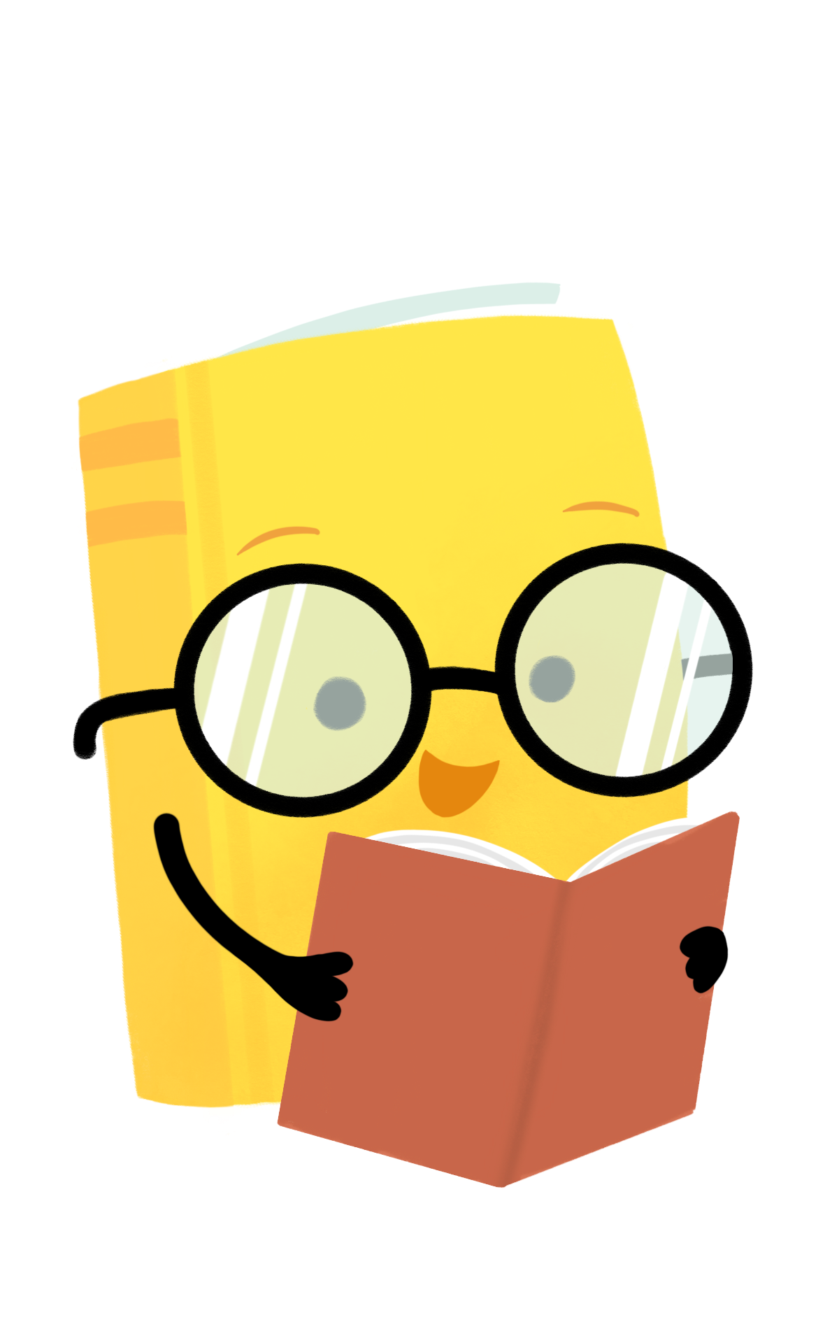 A cartoon yellow book with glasses, reading another book.