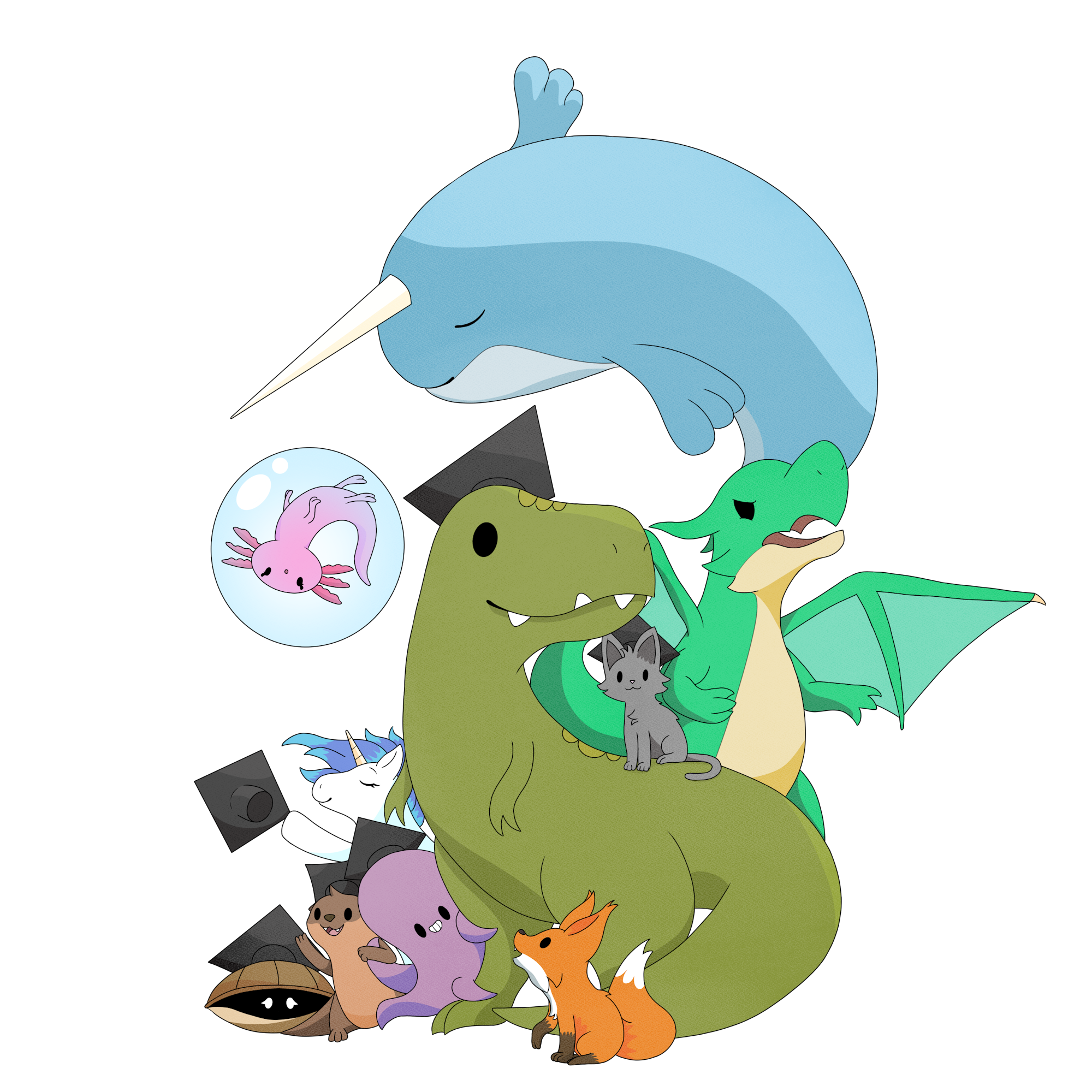 A group of cute, stylized cartoon animals, including a whale, dragon, and various other creatures.