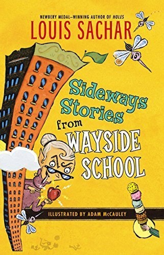 Book cover: "Sideways Stories from Wayside School" by Louis Sachar. Illustration with a leaning building and whimsical characters.