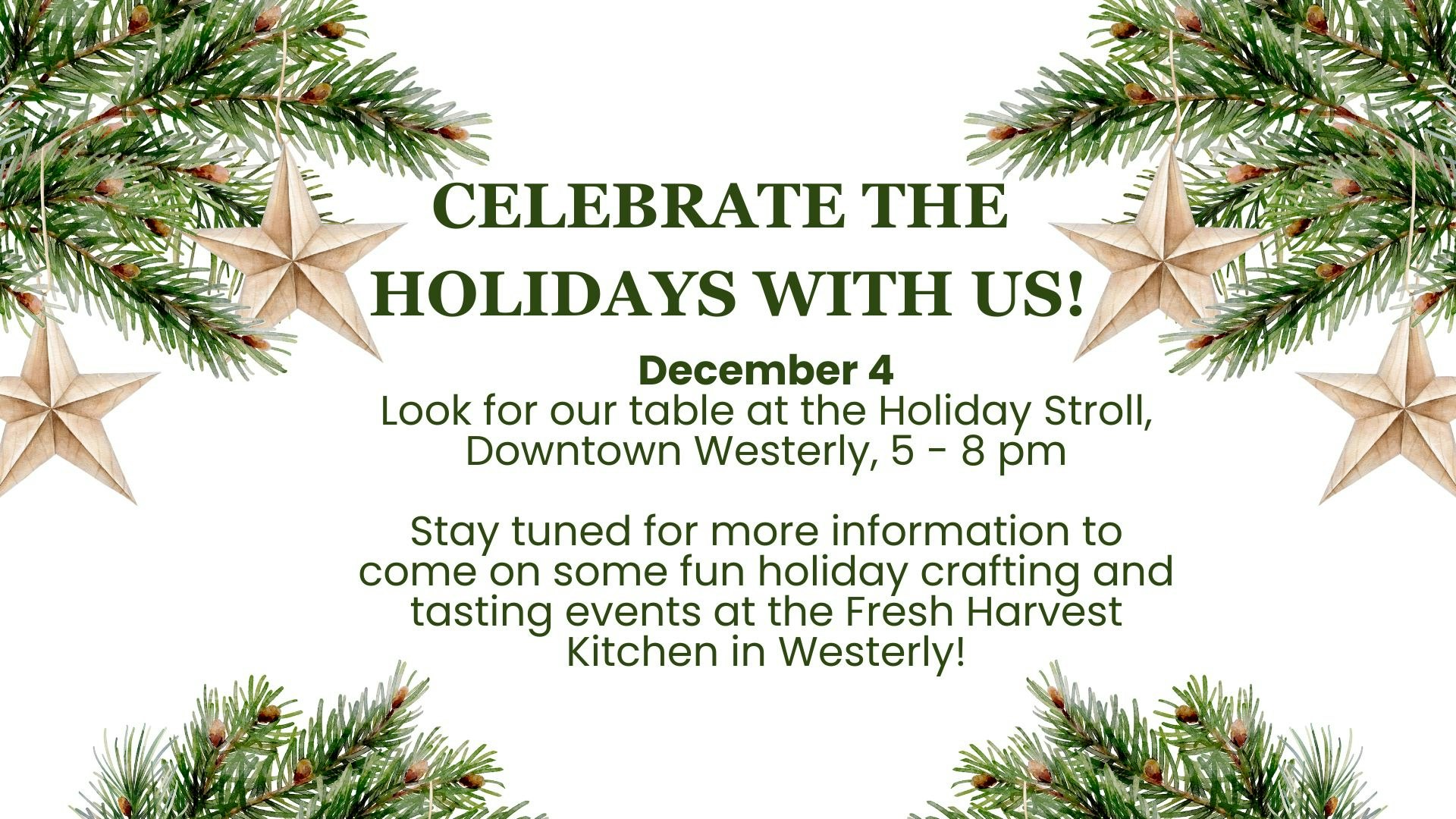 An invitation to a holiday event on December 4 with pine branches and stars decoration.