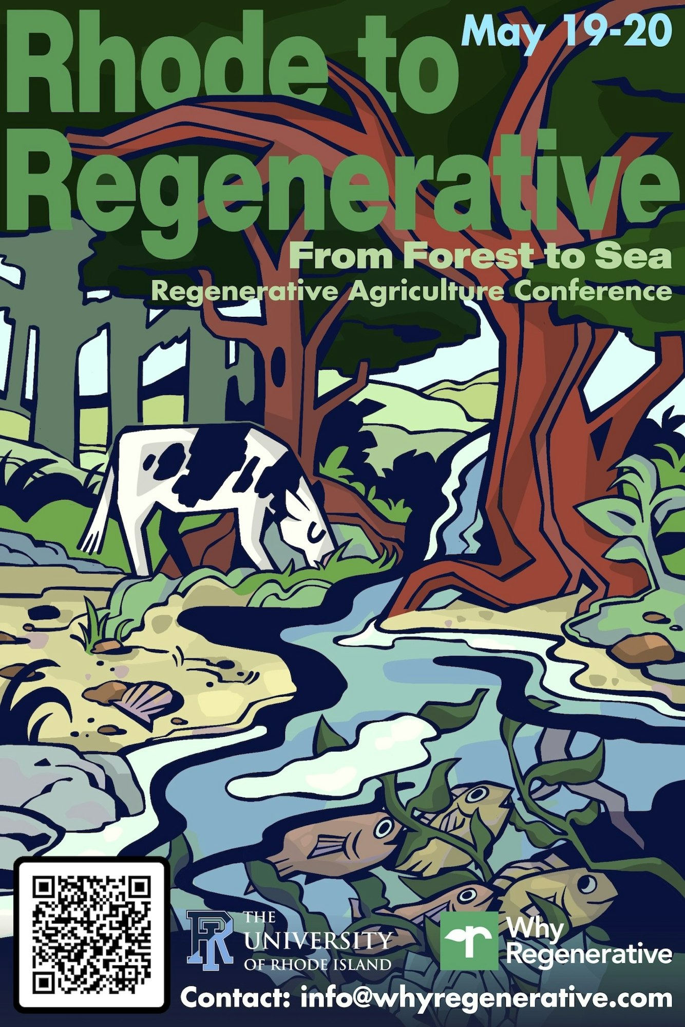 Regenerative Agriculture Conference poster: forest, cow, stream with fish. "Rhode to Regenerative" May 19-20. University of Rhode Island.