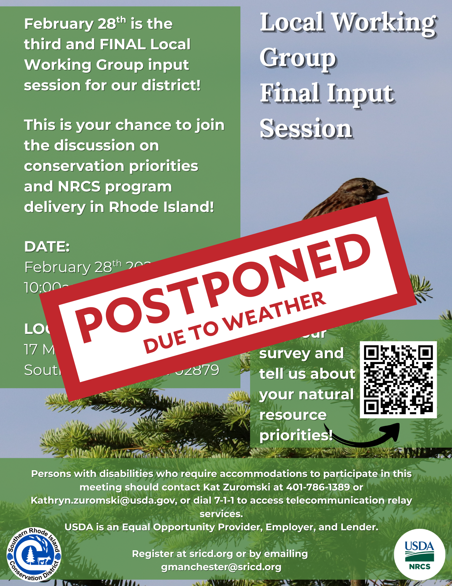 A Local Working Group meeting in Rhode Island on Feb 28 is postponed due to weather. Join the discussion on conservation priorities!