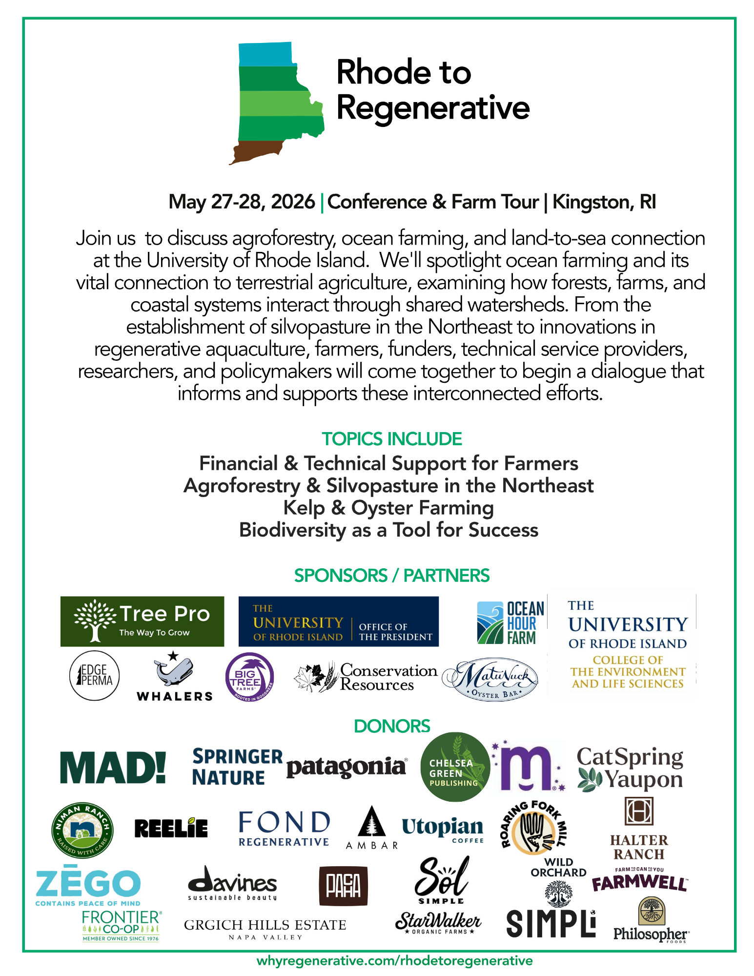 A 2026 conference in Rhode Island on agroforestry and ocean farming, focusing on environmental interconnections and support for farmers.