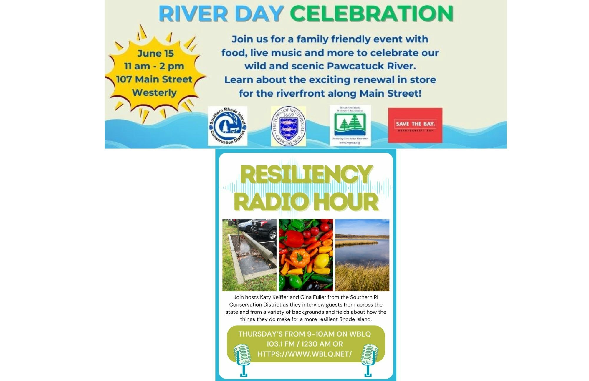 Flyers for a "River Day Celebration" event and "Resiliency Radio Hour" talk show, with dates, times, and brief descriptions.