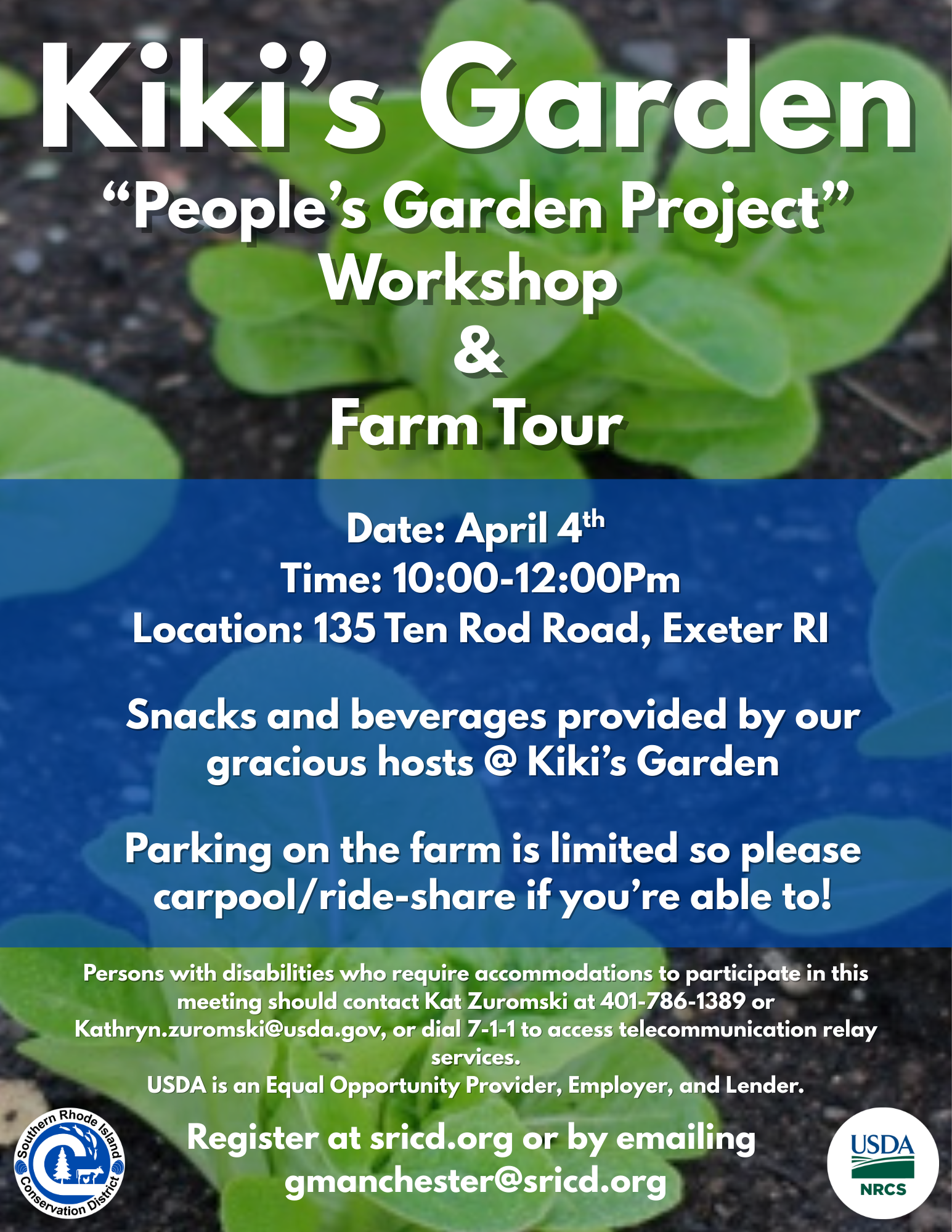 Event at Kiki's Garden on April 4th, 10 AM to 12 PM: workshop, farm tour, snacks. Location: 135 Ten Rod Rd, Exeter, RI.