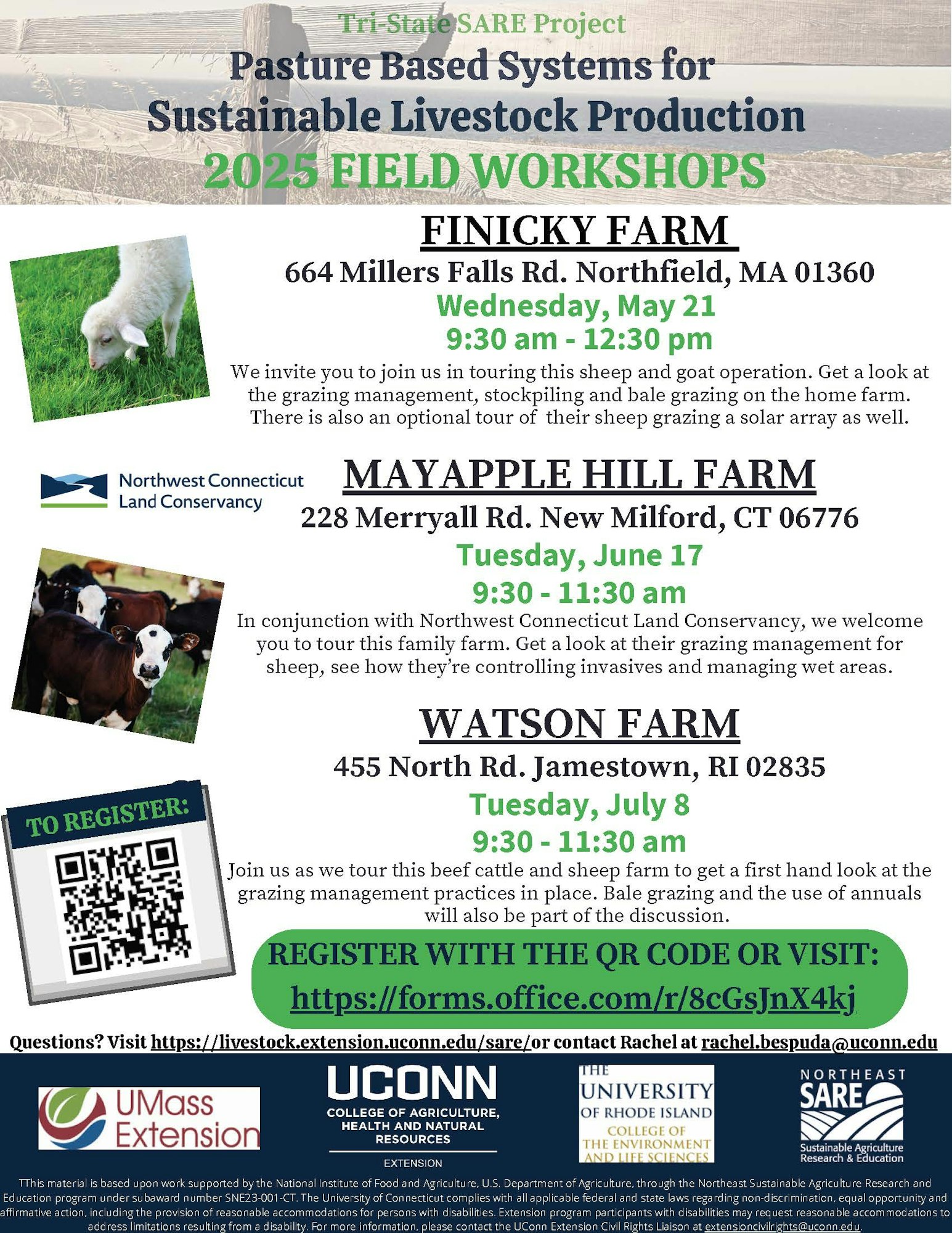 Pasture workshops in 2025 at three farms for sustainable livestock production. Includes grazing tours and management practices.
