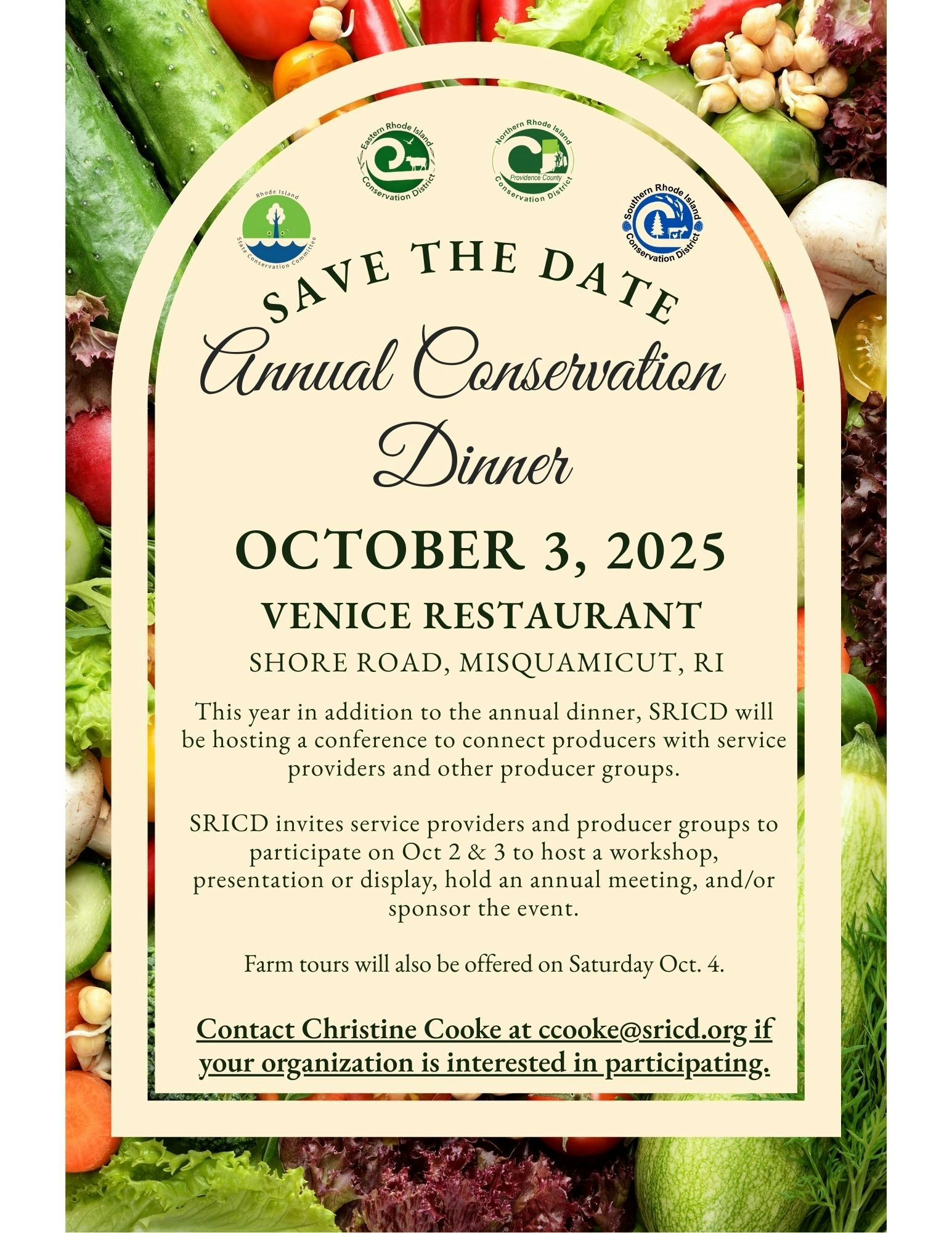 Save the Date: Annual Conservation Dinner, Oct 3, 2025, Venice Restaurant, Misquamicut, RI. Contact ccooke@sricd.org for participation.