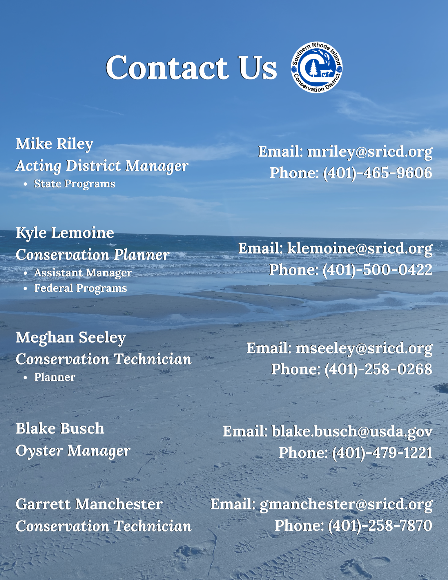 The image lists contact details for staff at the Southern Rhode Island Conservation District, including names, roles, emails, and phone numbers.