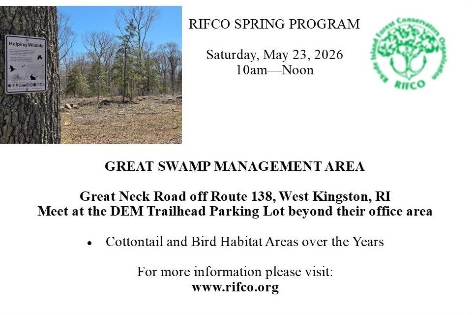 RIFCO Spring Program on May 23, 2026, at Great Swamp Management Area, West Kingston, RI. Focus on habitat areas.