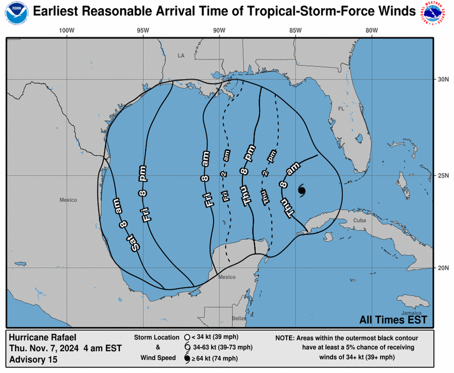 A map forecasting tropical-storm-force winds arrival from Hurricane Rafael.