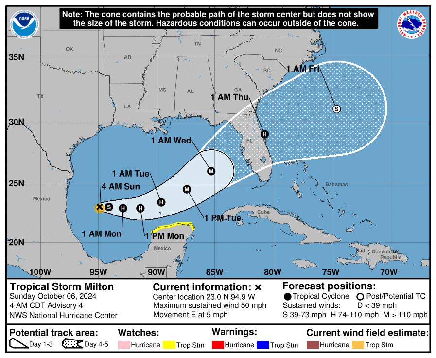 A NOAA hurricane forecast map showing the projected path and development of Tropical Storm Milton.
