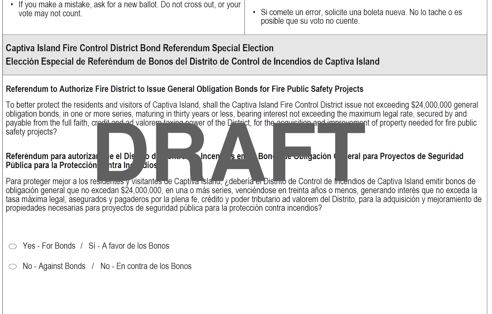 A draft ballot for a Captiva Island Fire Control District bond referendum, seeking approval for $24M for fire safety projects.
