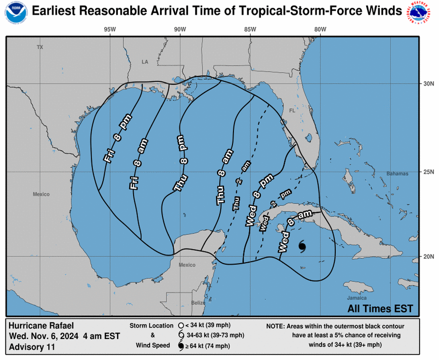 Map showing the earliest arrival time of tropical-storm-force winds from Hurricane Rafael.