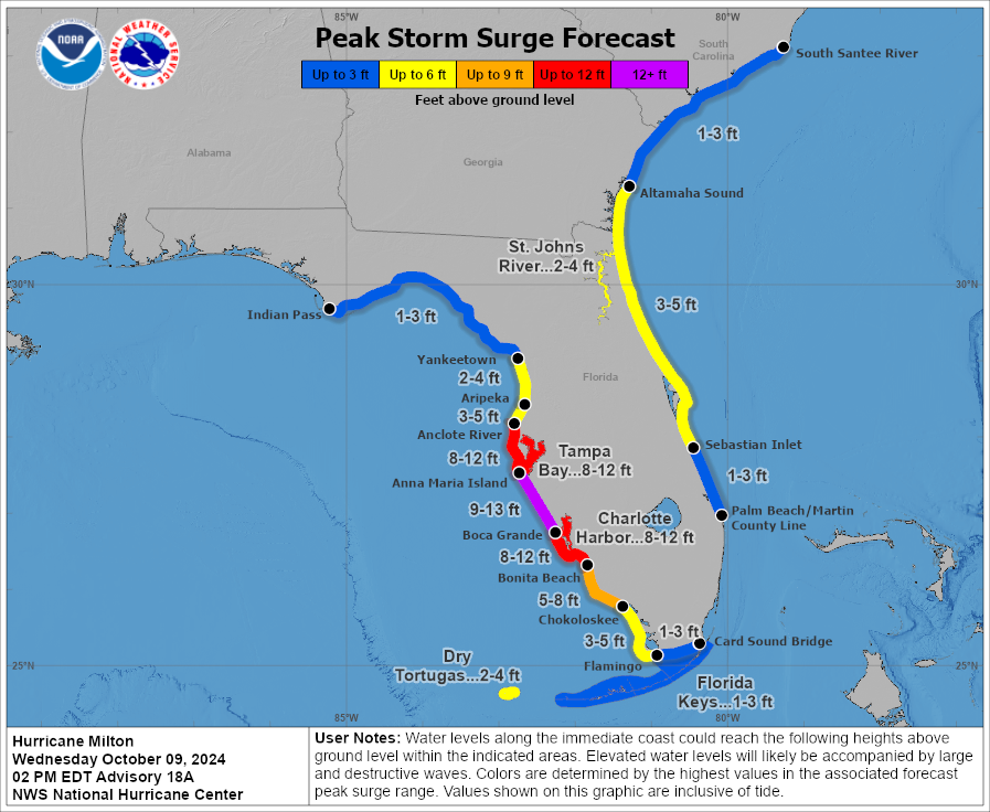 A NOAA storm surge forecast map showing predicted surge heights for a hurricane.