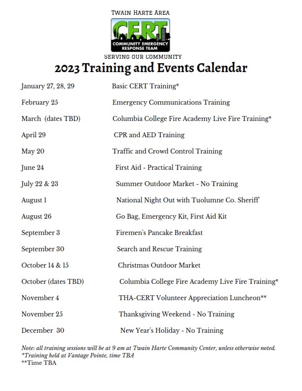 2023 THA CERT Training and Events Calendar Twain Harte Community 2023 THA CERT Training and Events Calendar Twain Harte Community