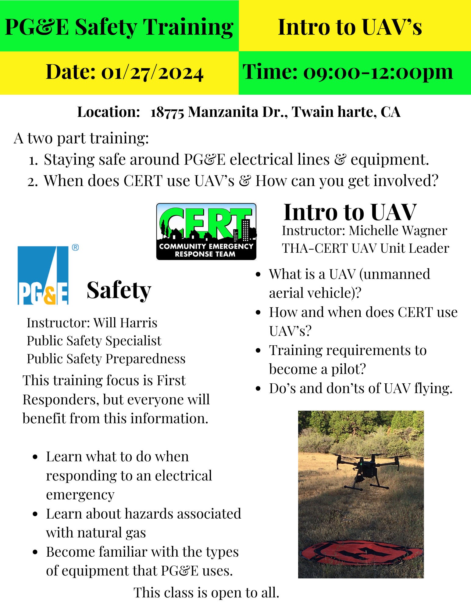 PG&E Safety Training on Jan 27, 2024, 9am-12pm, at 18775 Manzanita Dr. Topics: electrical safety & intro to UAVs. Open to all.