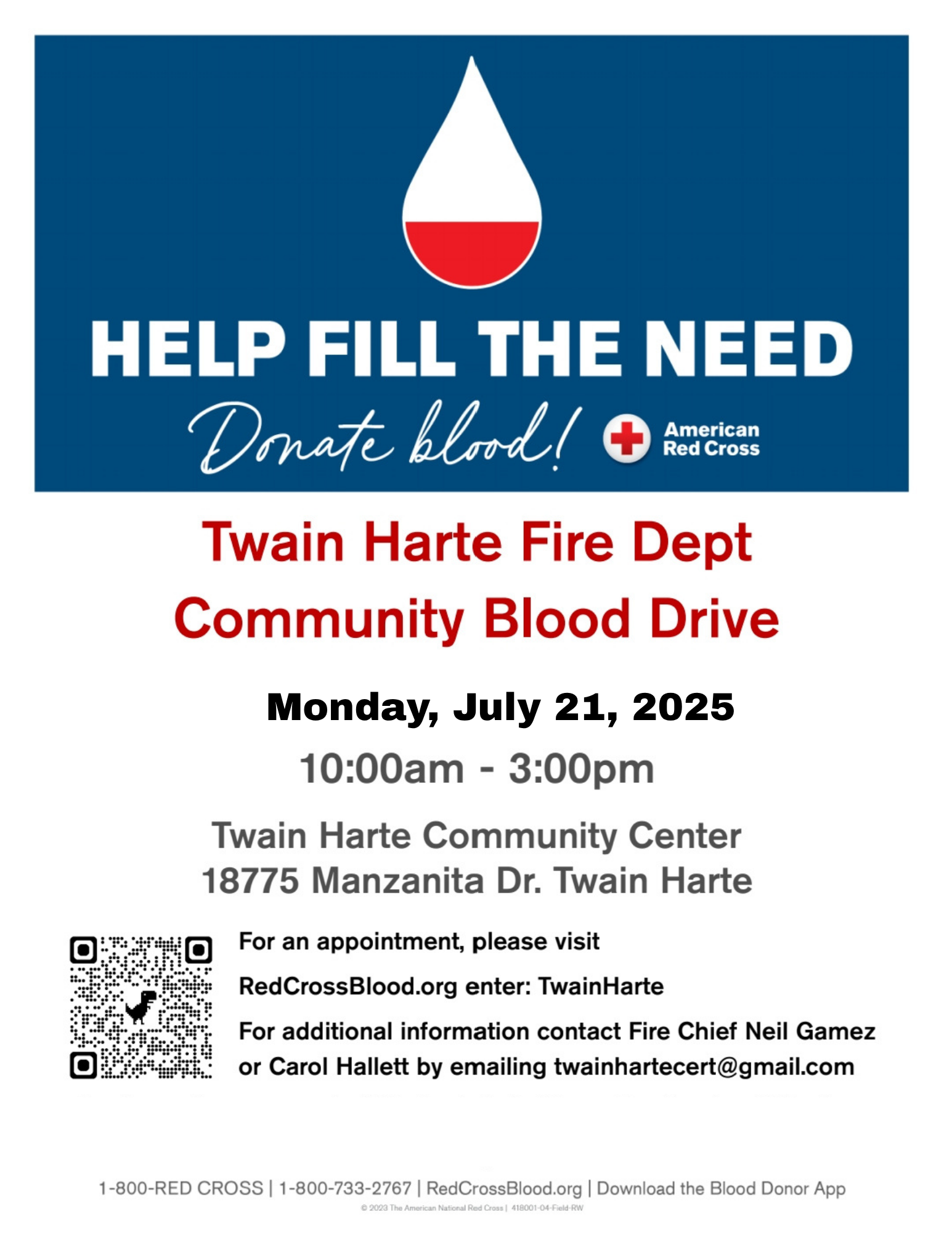 Blood drive on July 21, 2025, from 10 AM to 3 PM at Twain Harte Community Center. For appointments, visit RedCrossBlood.org.