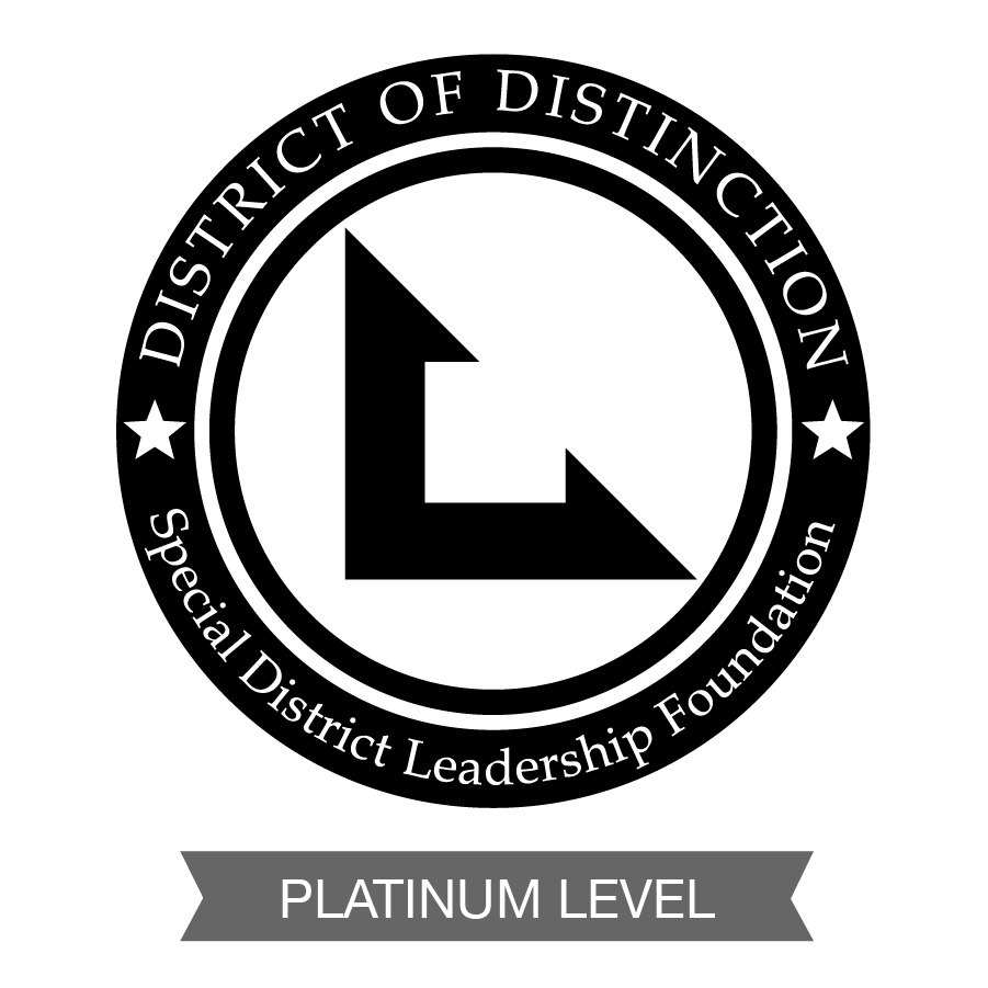 The image features a logo for a "District of Distinction," indicating a platinum level recognition from the Special District Leadership Foundation.